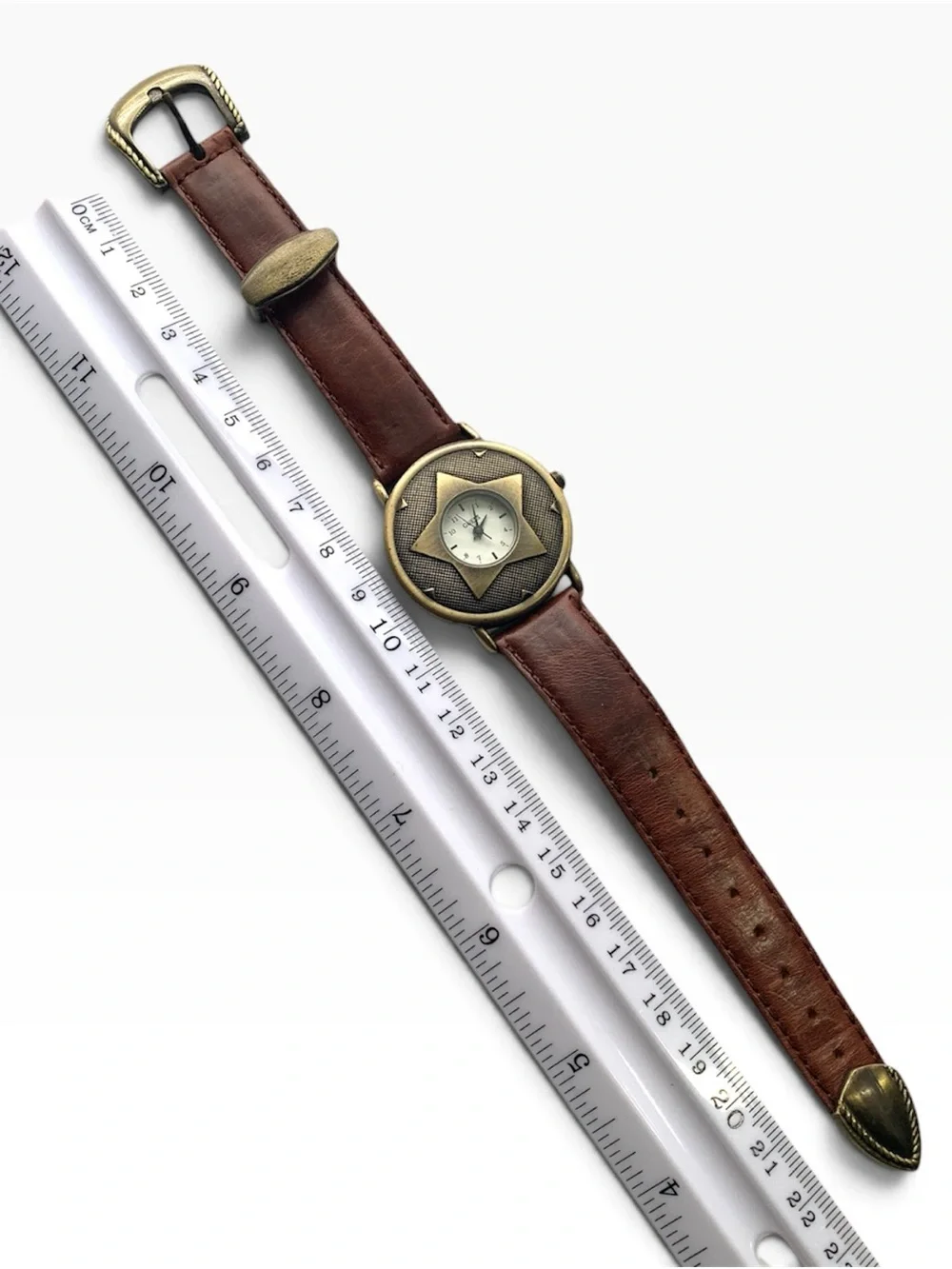 GUESS Brown Leather Strap Watch with Bronze Star Accent, Unisex